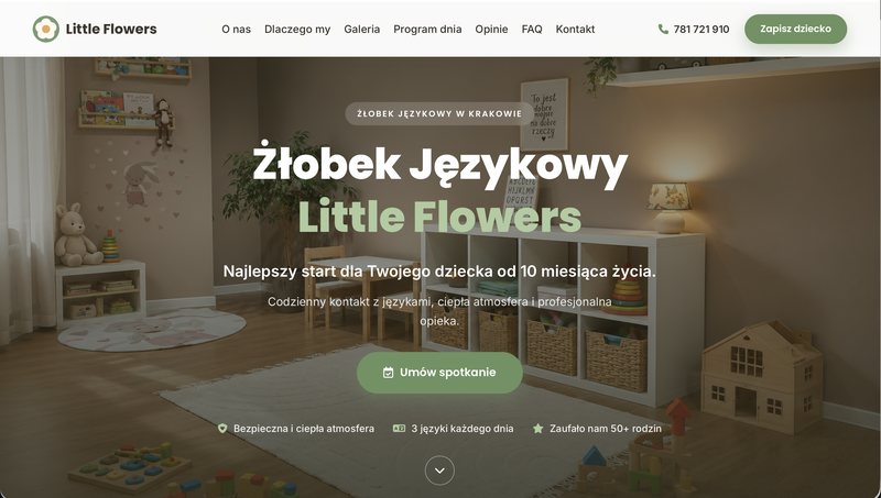 Головна сторінка сайту мовного дитсадка Little Flowers: меню, великий заголовок і кнопка запису на зустріч
